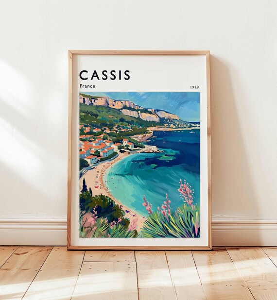 Cassis France 1989 Beach Cliffs Turquoise Bay Vintage Travel Poster