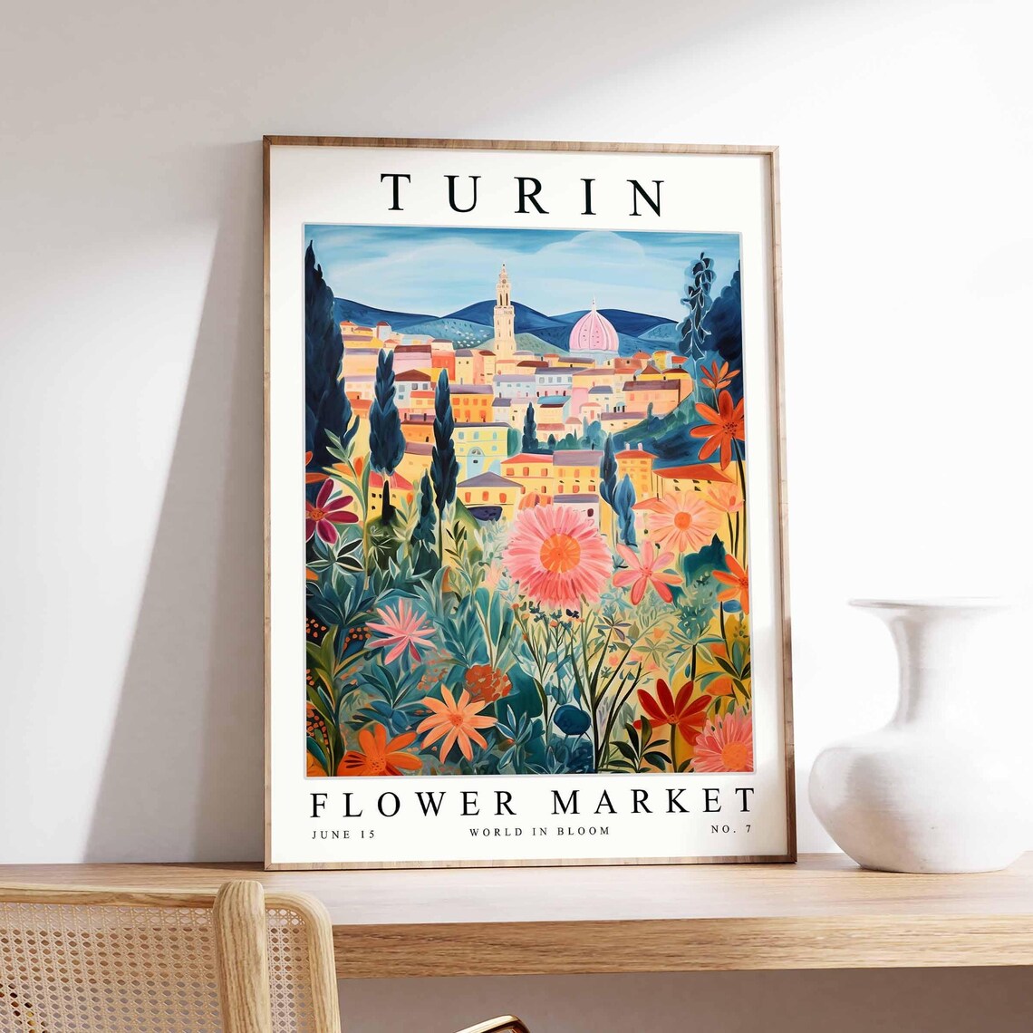 Turin Flower Market Pink Dome City Skyline Lush Flower Garden Poster