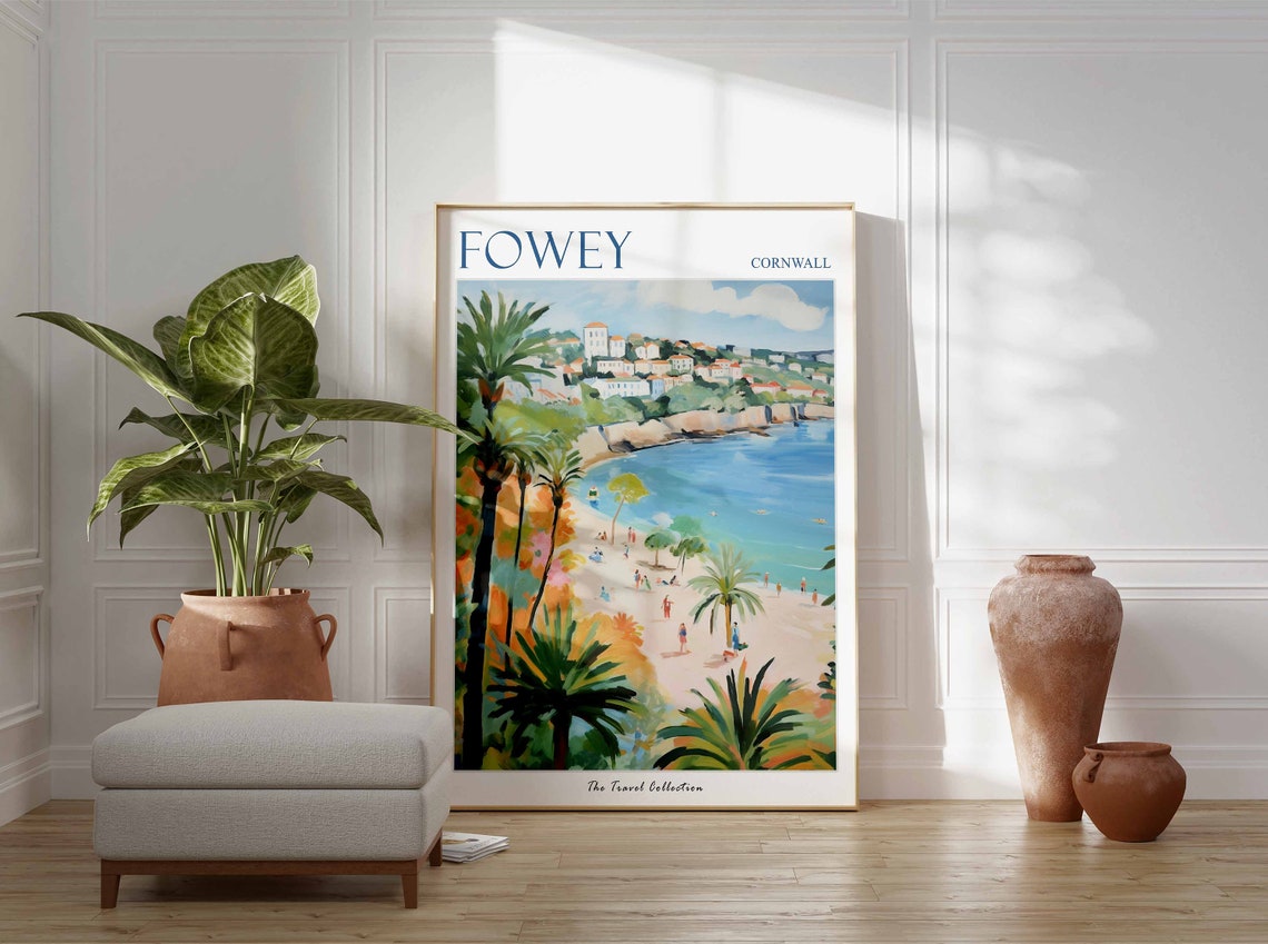 Fowey Cornwall Palm Trees Cliff Town Scene Vintage Travel Poster - Image 3