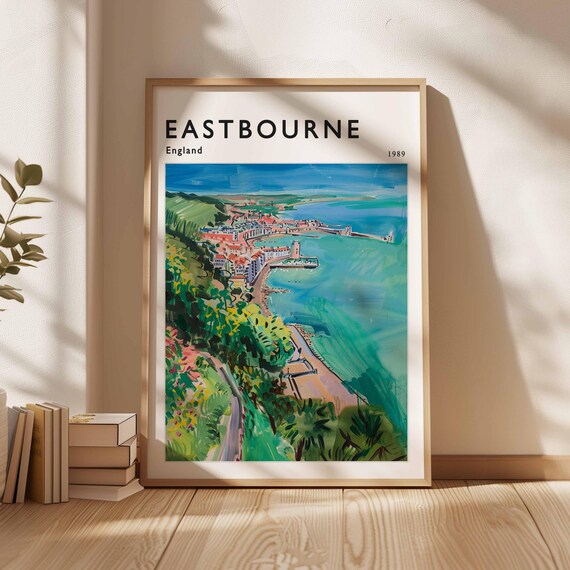 Eastbourne England 1989 Pier Beachfront Resort Scene Travel Poster