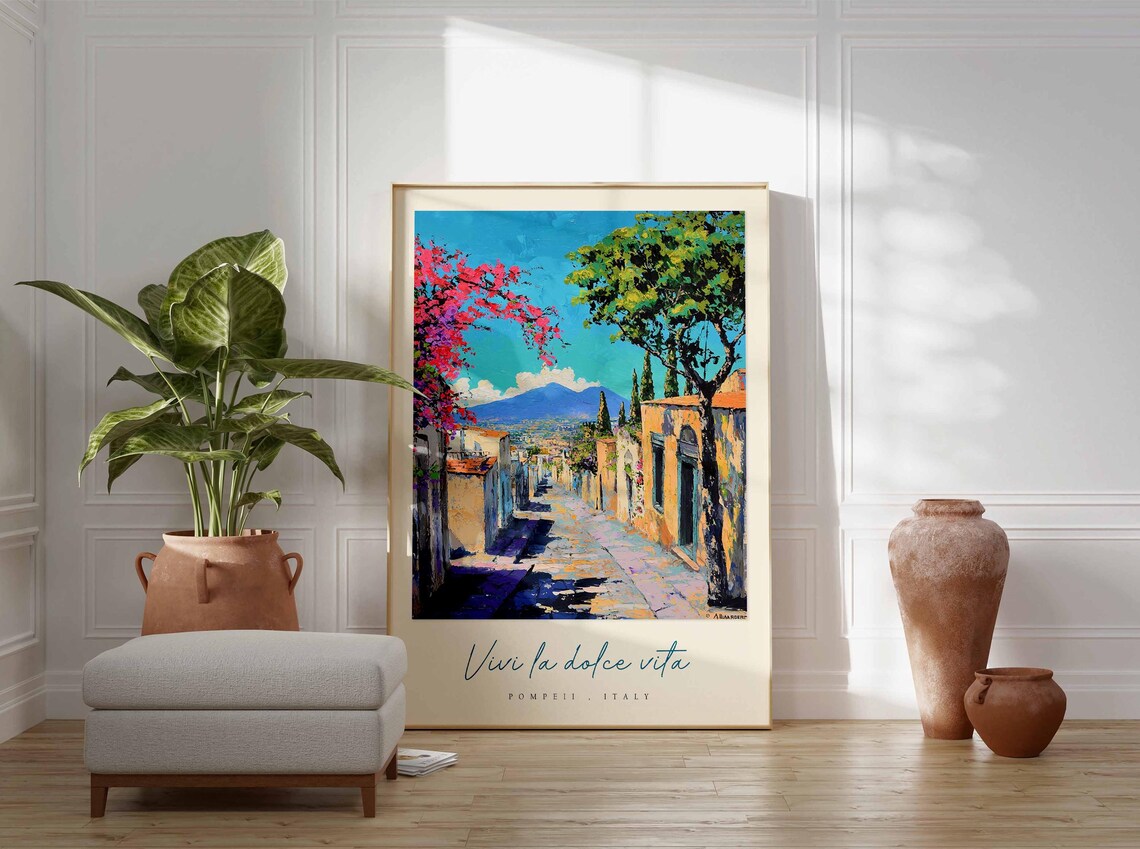 Pompeii Italy Sunlit Street Vesuvius Mountain Painting Travel Poster - Image 3
