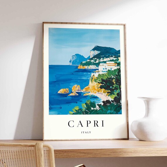 Capri Italy Faraglioni Cliffs Sea Stacks White Town Art Poster