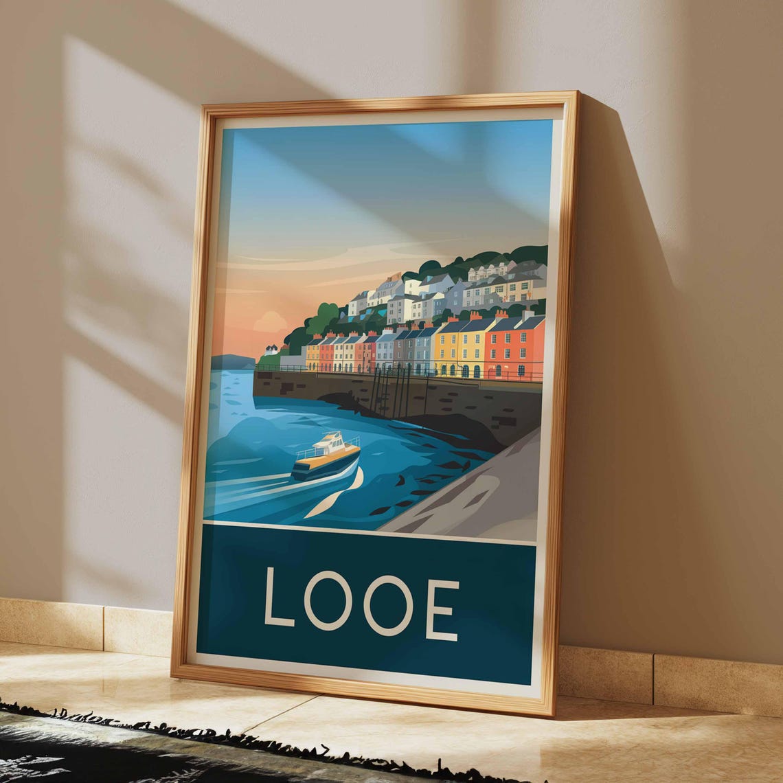 Looe England Cornwall Sunset Harbor Speedboat Retro Travel Poster - Image 2