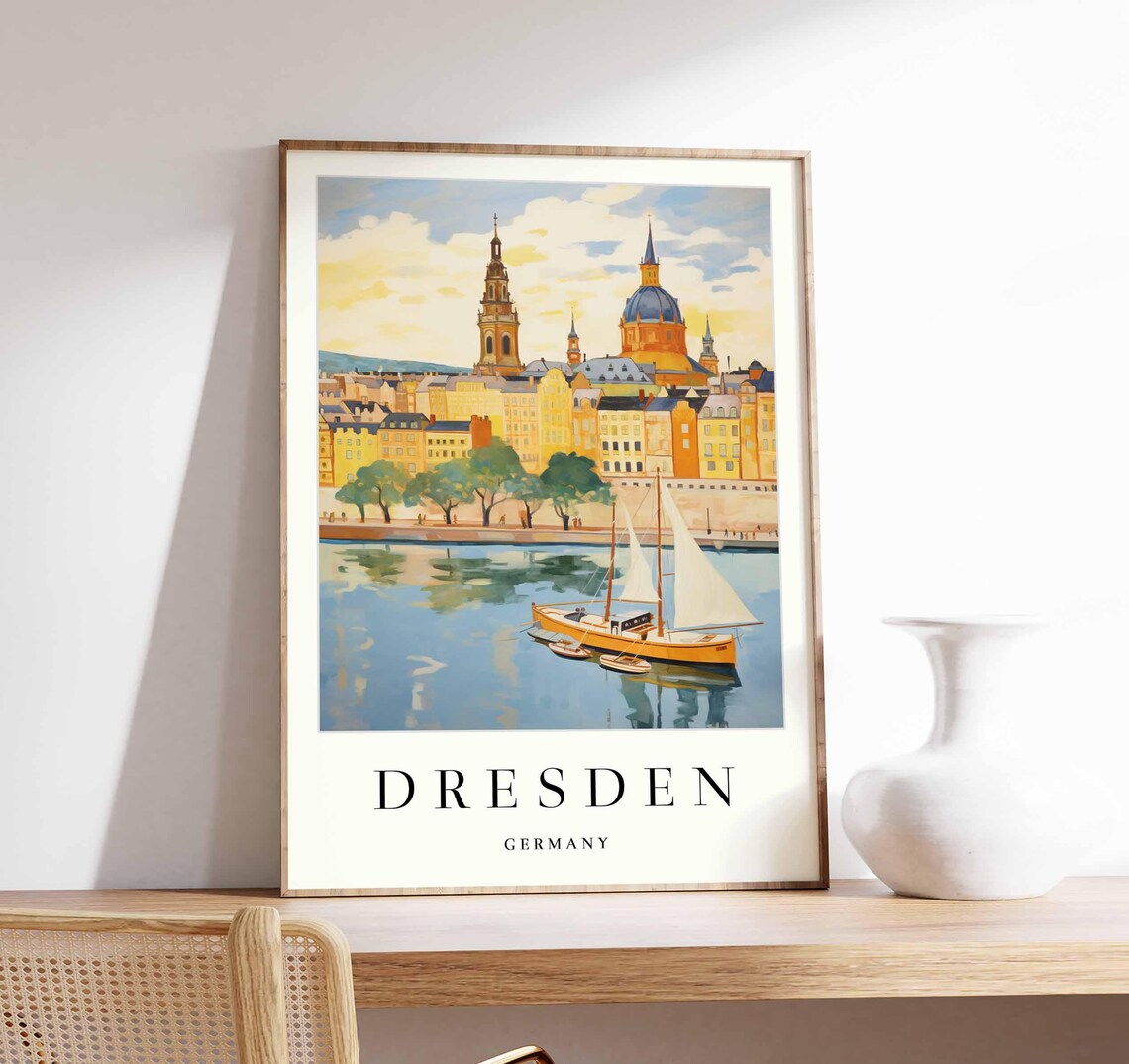 Dresden Germany Sailboats Calm Water Sunlit Towers Domes Skyline Poster