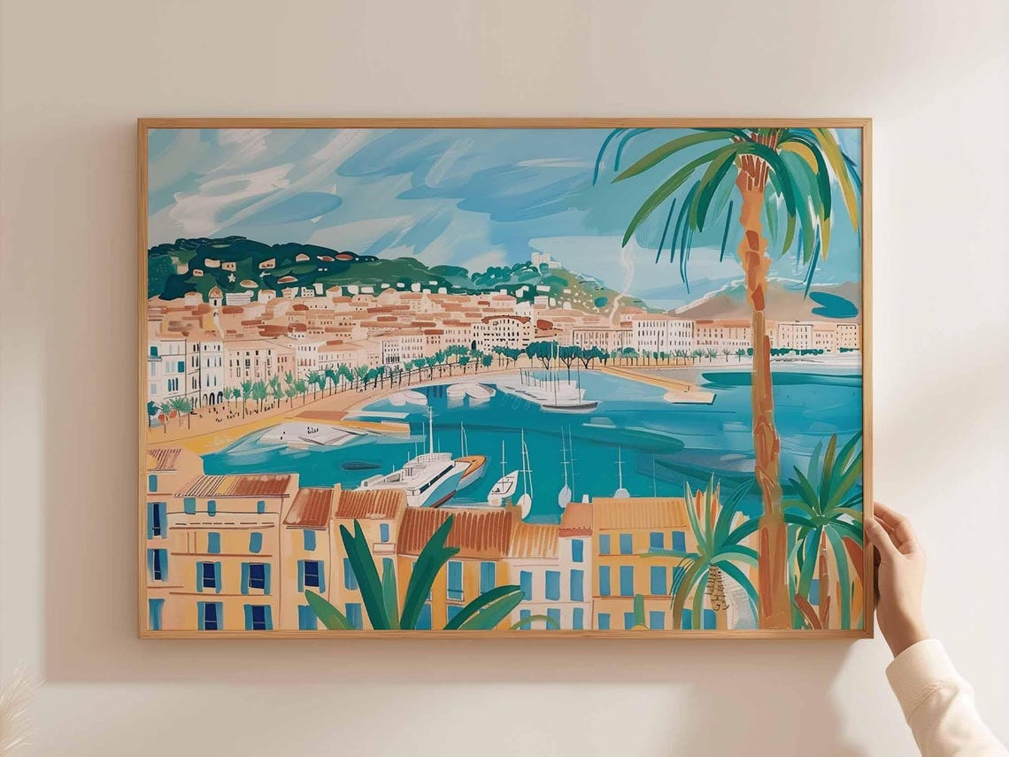 Cannes Poster France Travel Print French Riviera Wall Art Coastal Decor Beach Europetravel