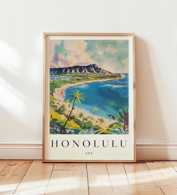 Honolulu Hawaii Waikiki Beach Diamond Head Watercolor Travel Poster