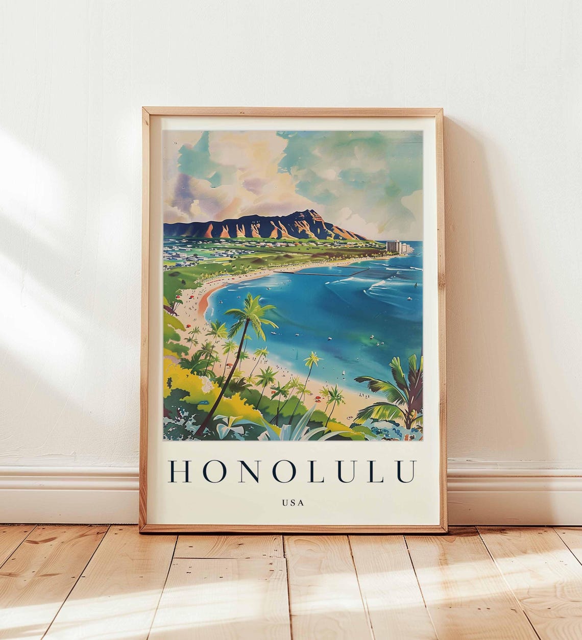 Honolulu Hawaii Waikiki Beach Diamond Head Watercolor Travel Poster