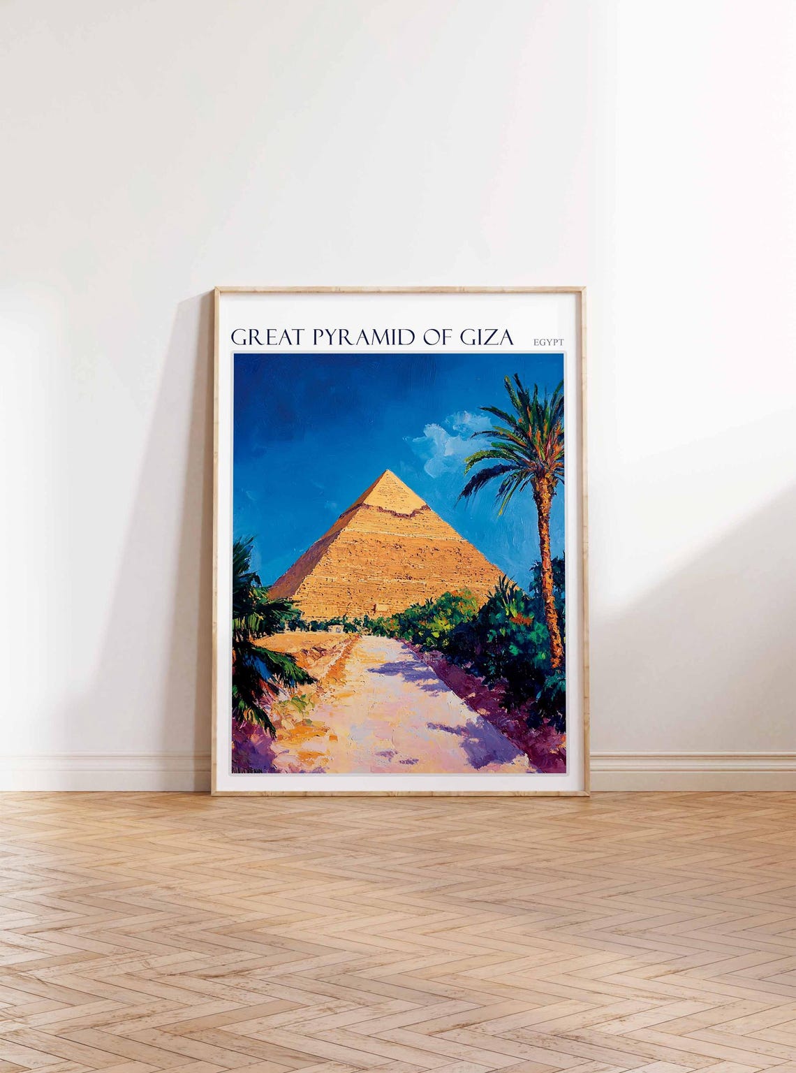 Great Pyramid of Giza Egypt Palm Path Desert Scene Painting Poster - Image 3