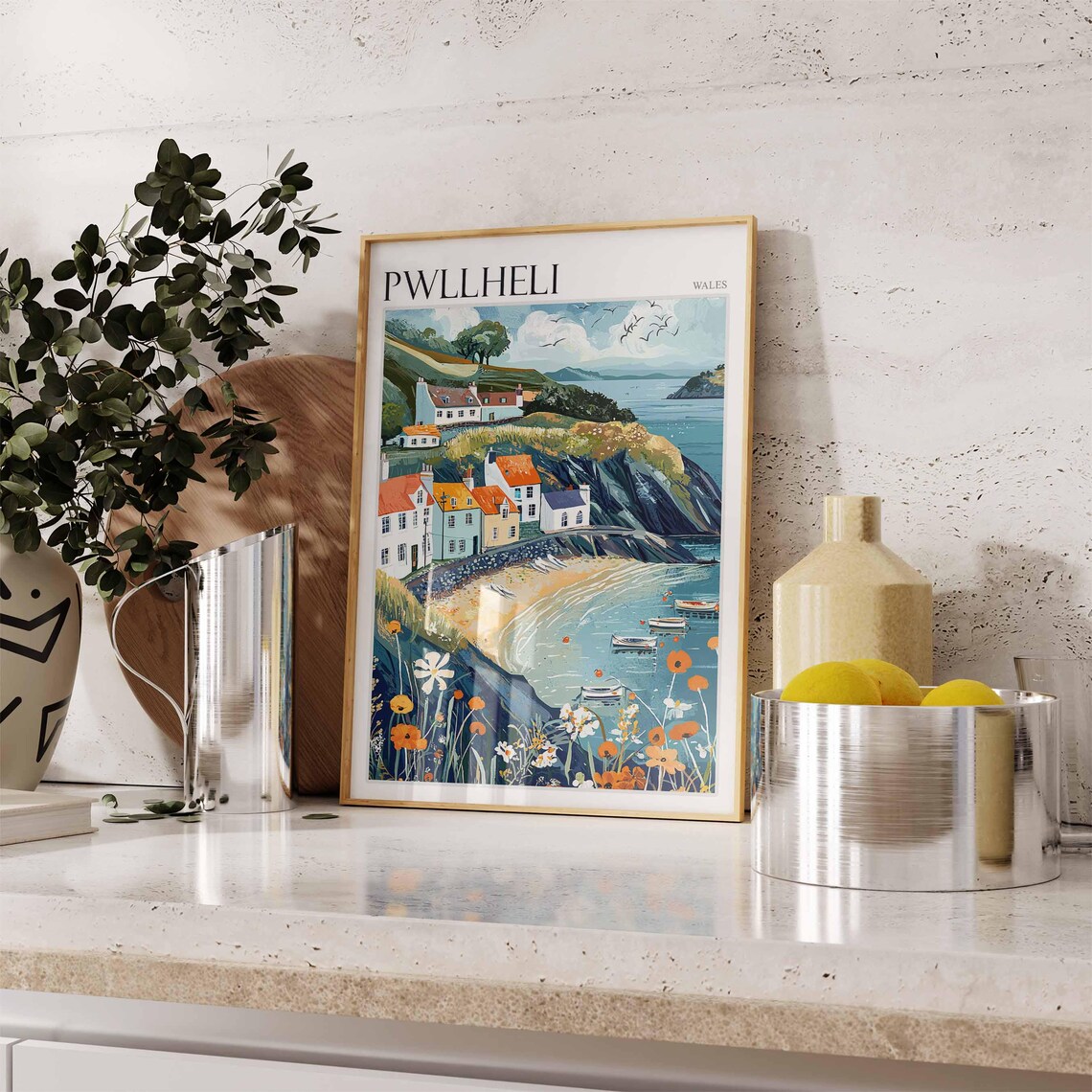 Pwllheli Wales Curved Cove Cottages Wildflowers Boats Seaside Poster - Image 3