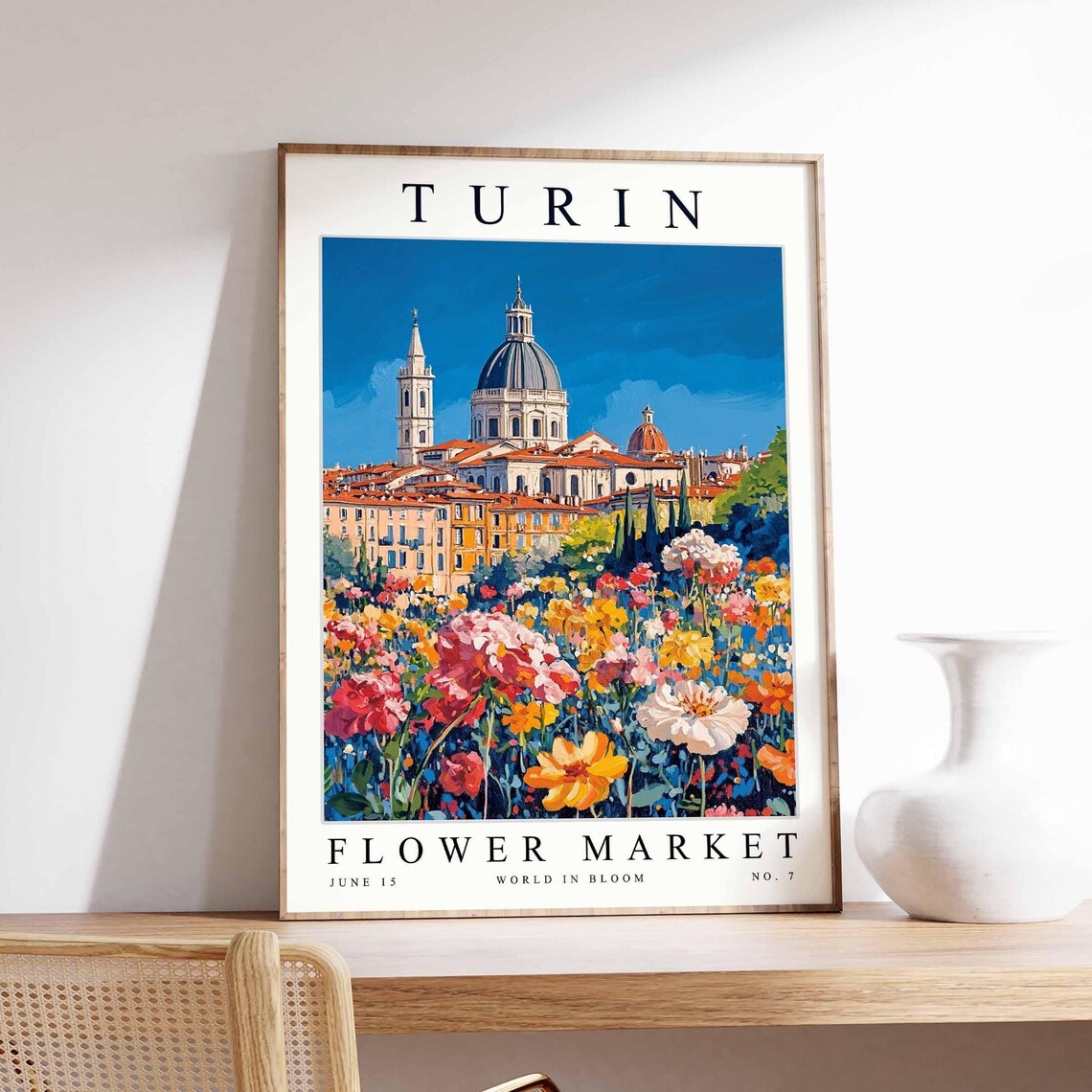 Turin Flower Market Domed Cathedral Bright Impressionist Blooms Poster