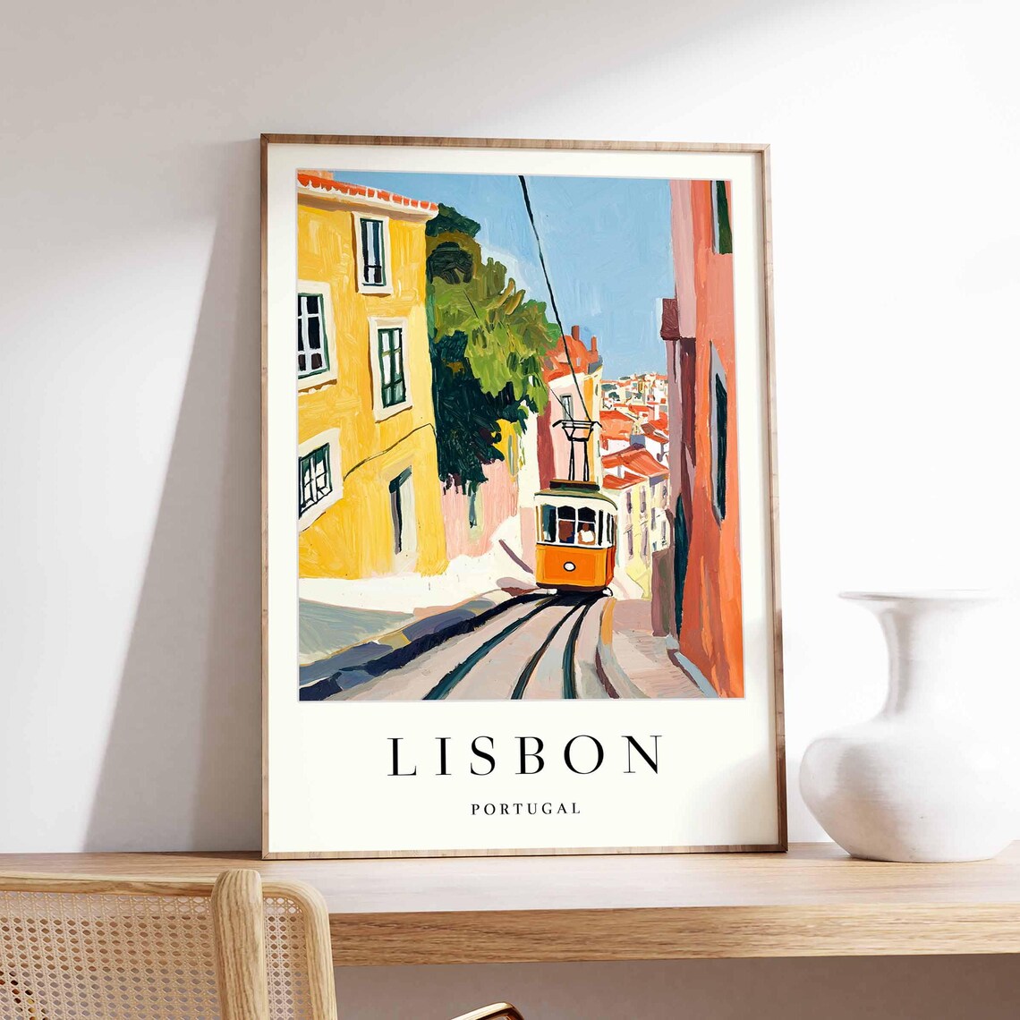 Lisbon Portugal Yellow Tram Alfama Historic Street Scene Poster