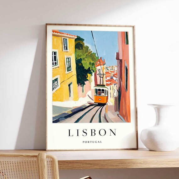 Lisbon Portugal Yellow Tram Alfama Historic Street Scene Poster