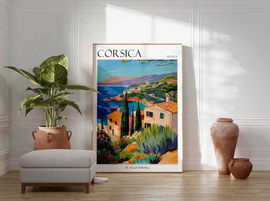 Corsica France Hillside Village Bay View Watercolor Travel Poster - Image 3