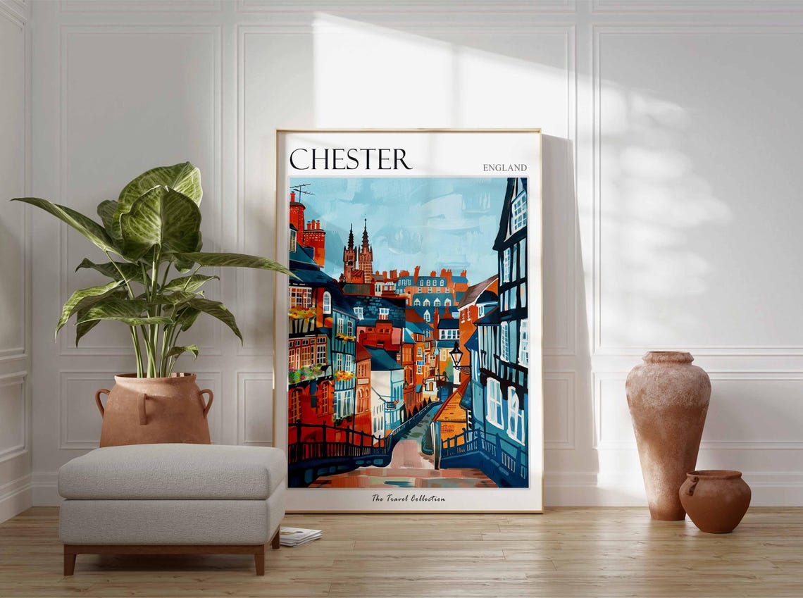 Chester England Bold Orange Blue Rooftops City View Art Poster - Image 2