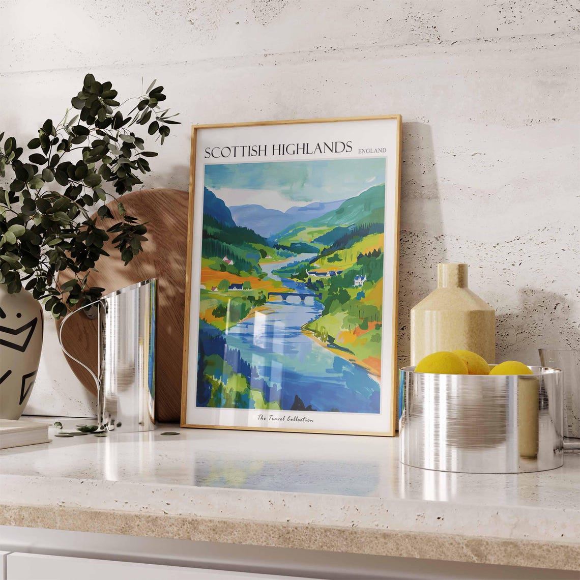 Scottish Highlands River Bridge Green Valley Scene Travel Poster - Image 3