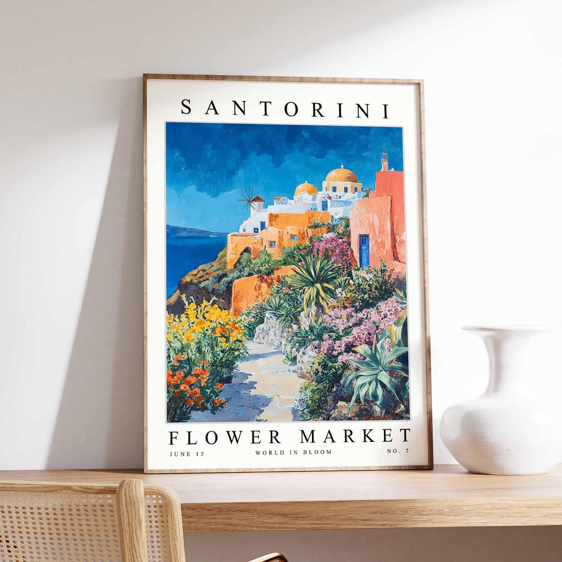 Santorini Flower Market Village Windmill Yellow Bloom Path Poster