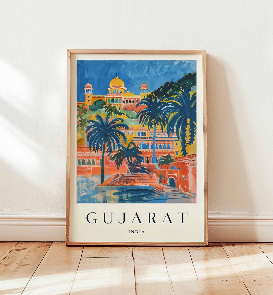 Gujarat India Golden Palace Palm Trees Watercolor Travel Art Poster