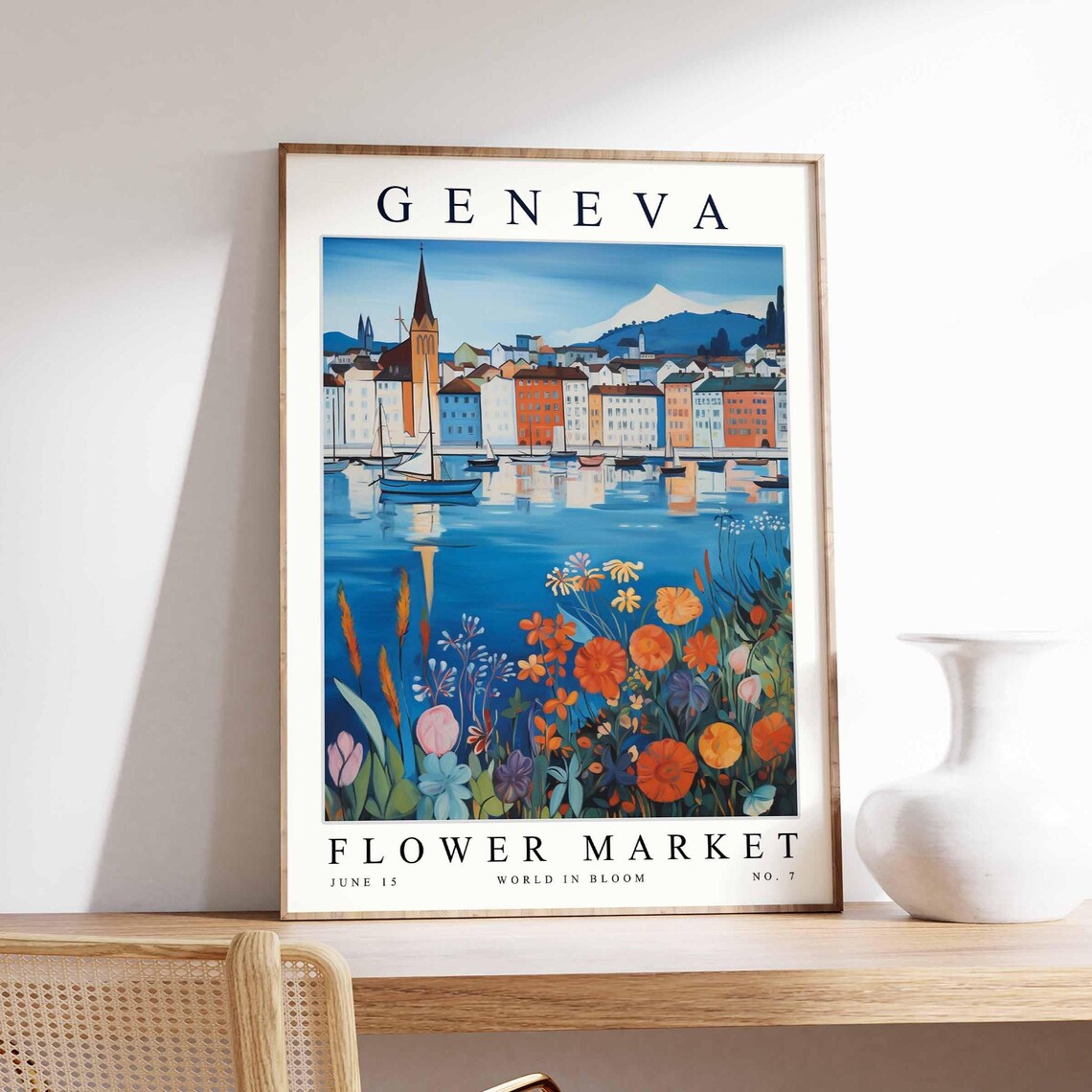 Geneva Flower Market Harbor Boats Church Spire Poppy Field Art Poster