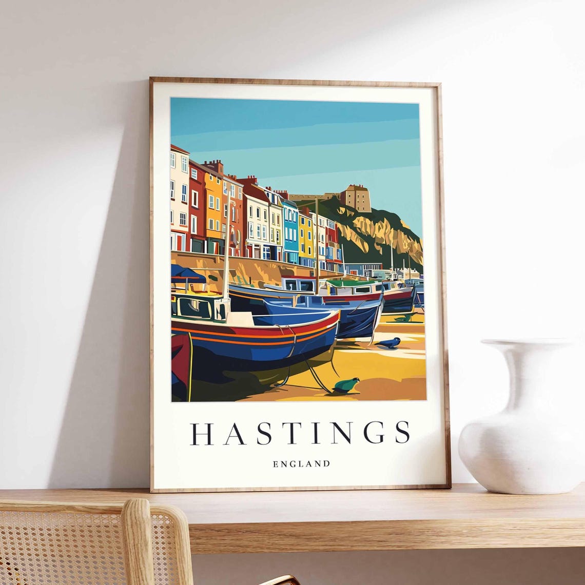 Hastings England Travel Harbor Boats Colorful Quay Buildings Poster