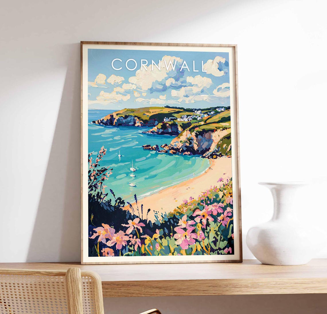 Cornwall England Coastal Poster Painted Cliffs Beach and Wildflowers