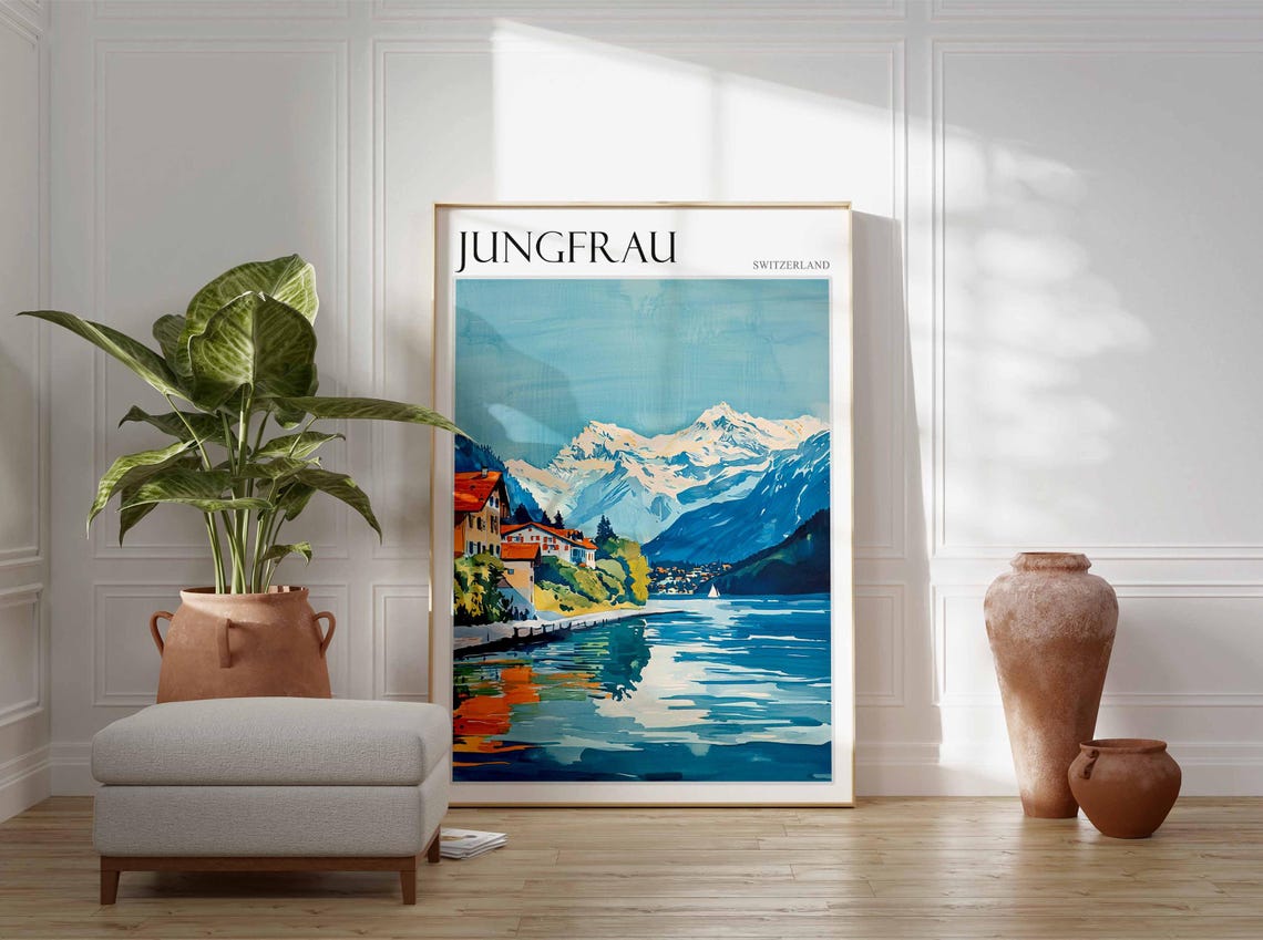Jungfrau Switzerland Lakeside Village Mountain Reflection Poster - Image 2