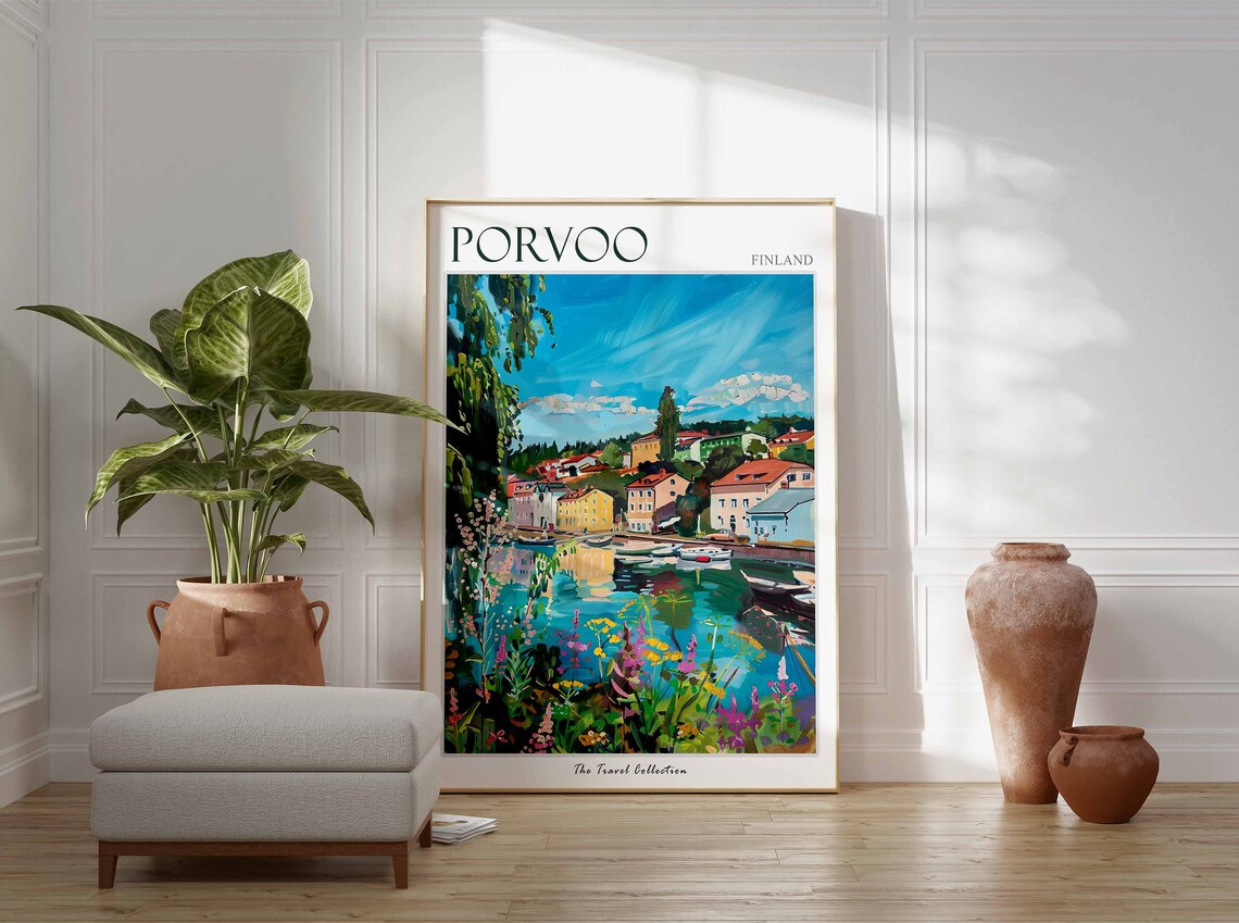 Porvoo Finland Riverside Boats Wildflowers Old Town Travel Poster - Image 2