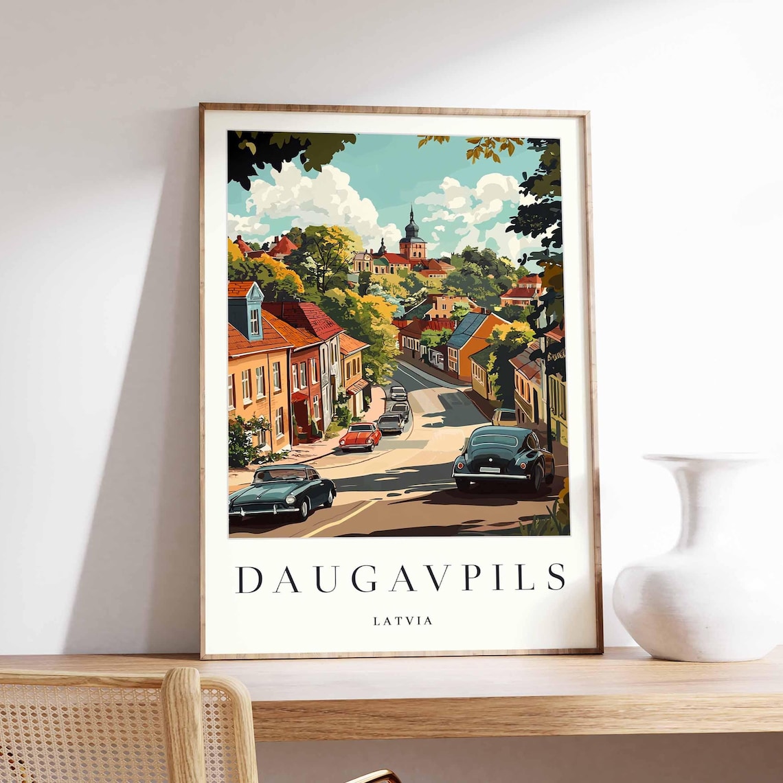 Daugavpils Latvia Old Town Street Classic Cars Vintage Travel Poster