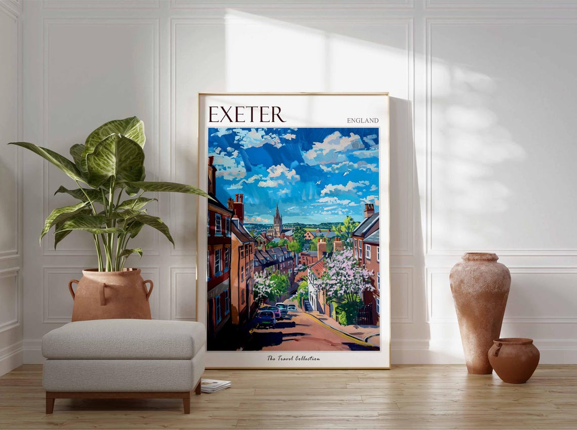 Exeter England Hilly Old Street Church Spire Spring Blossom Poster - Image 2