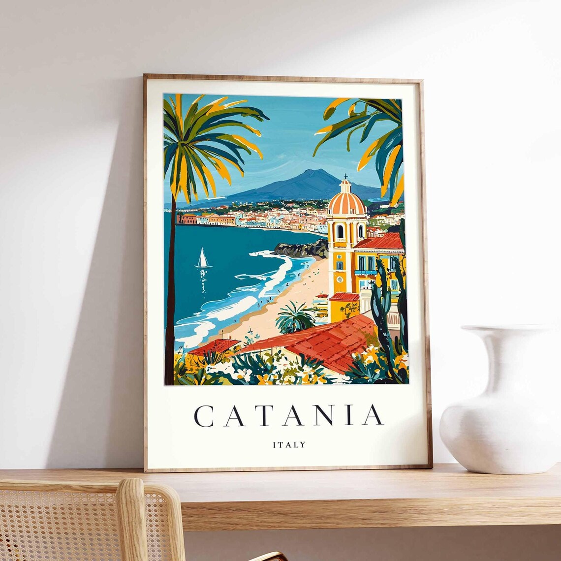 Catania Italy Mount Etna Coastal Beach View Scenic Travel Poster