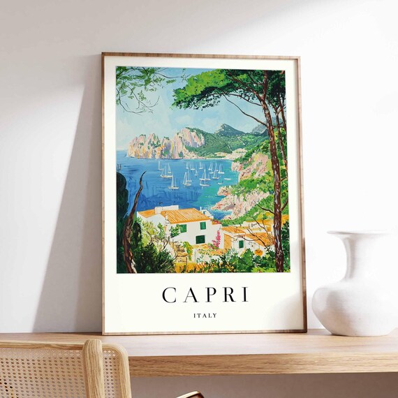 Capri Italy Blue Sailboat Bay Villa Pine Trees Coastal Art Poster