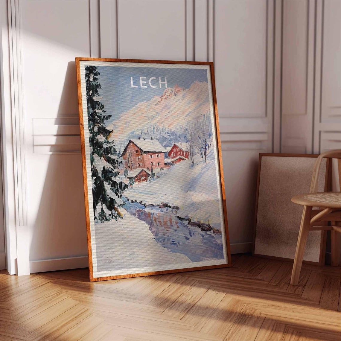 Lech Austria Snowy Stream Red Chalets Pines Winter Painting Poster - Image 3