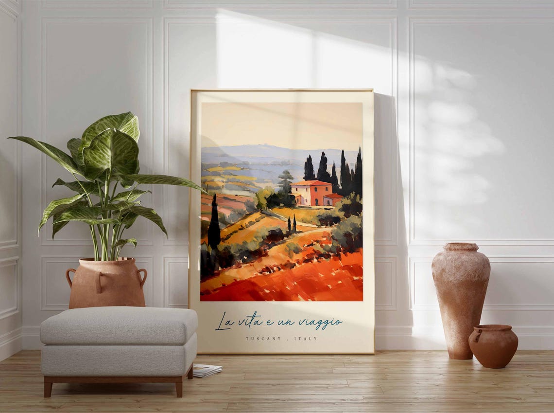 Tuscany Autumn Red Hills La Vita E Un Viaggio Farmhouse Poster - Image 3