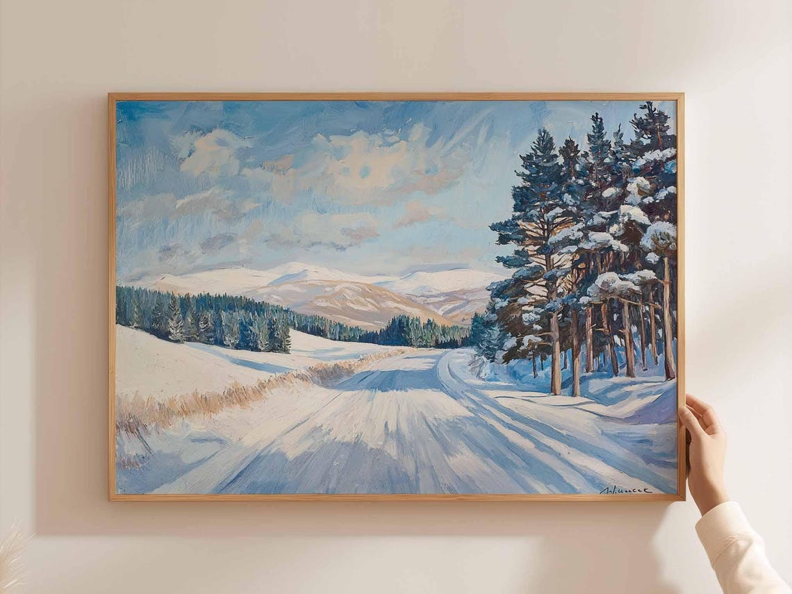Cairngorms Snowy Forest Road Winter Pines Mountain Painting Poster