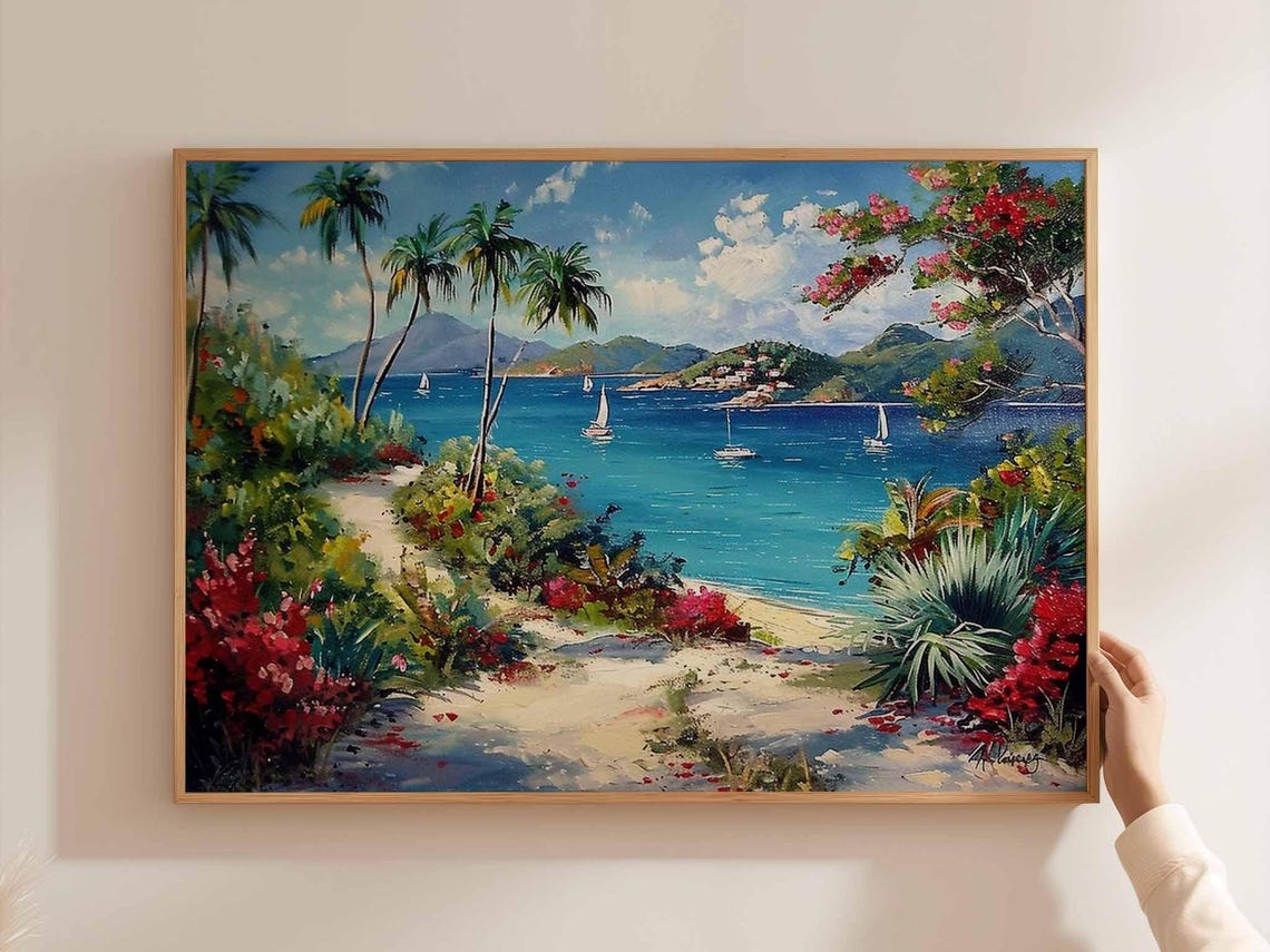 Vibrant Tropical Garden Path Leading To A Bay Full Of Sailboats Poster
