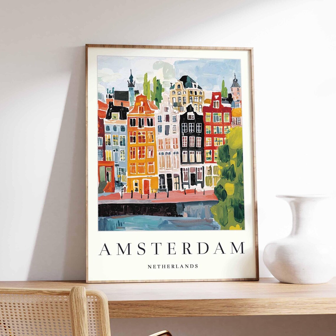 Amsterdam Netherlands Colorful Canal Houses Watercolor Travel Poster