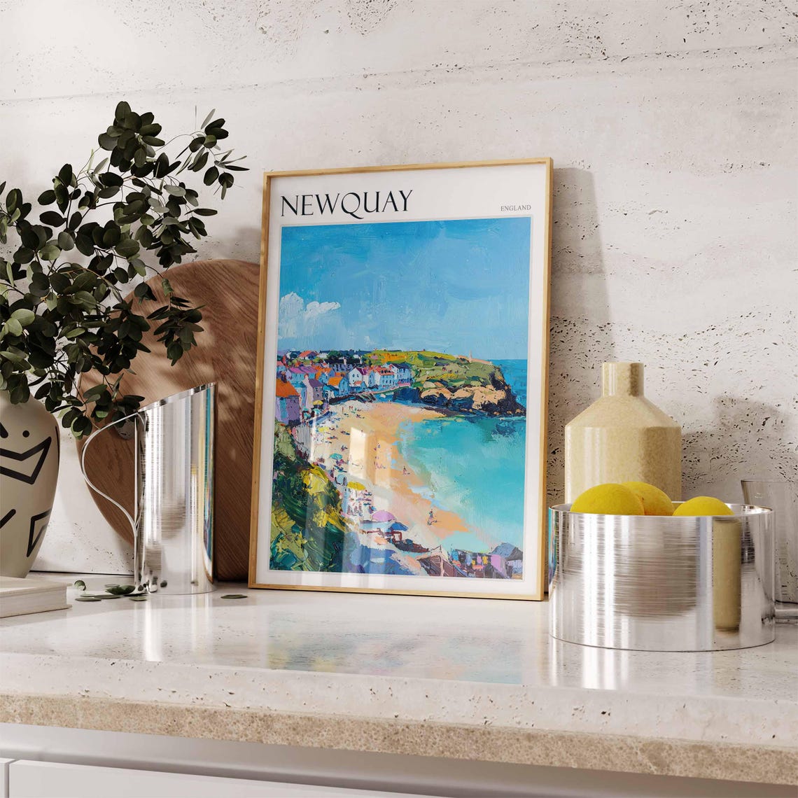 Newquay England Colorful Beach Headland Town Umbrellas Poster - Image 2