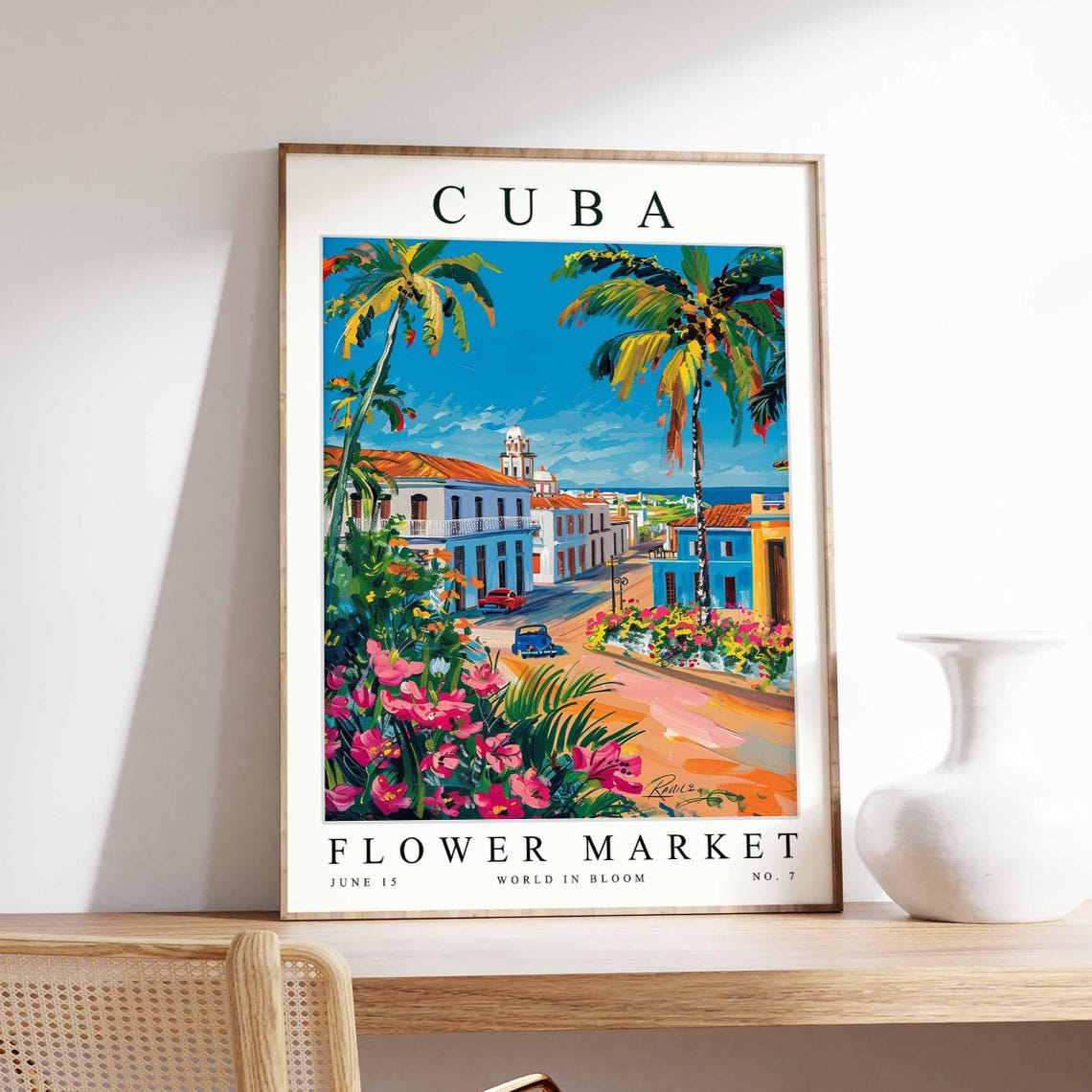 Cuba Flower Market Colonial Street Painterly Travel Art Poster