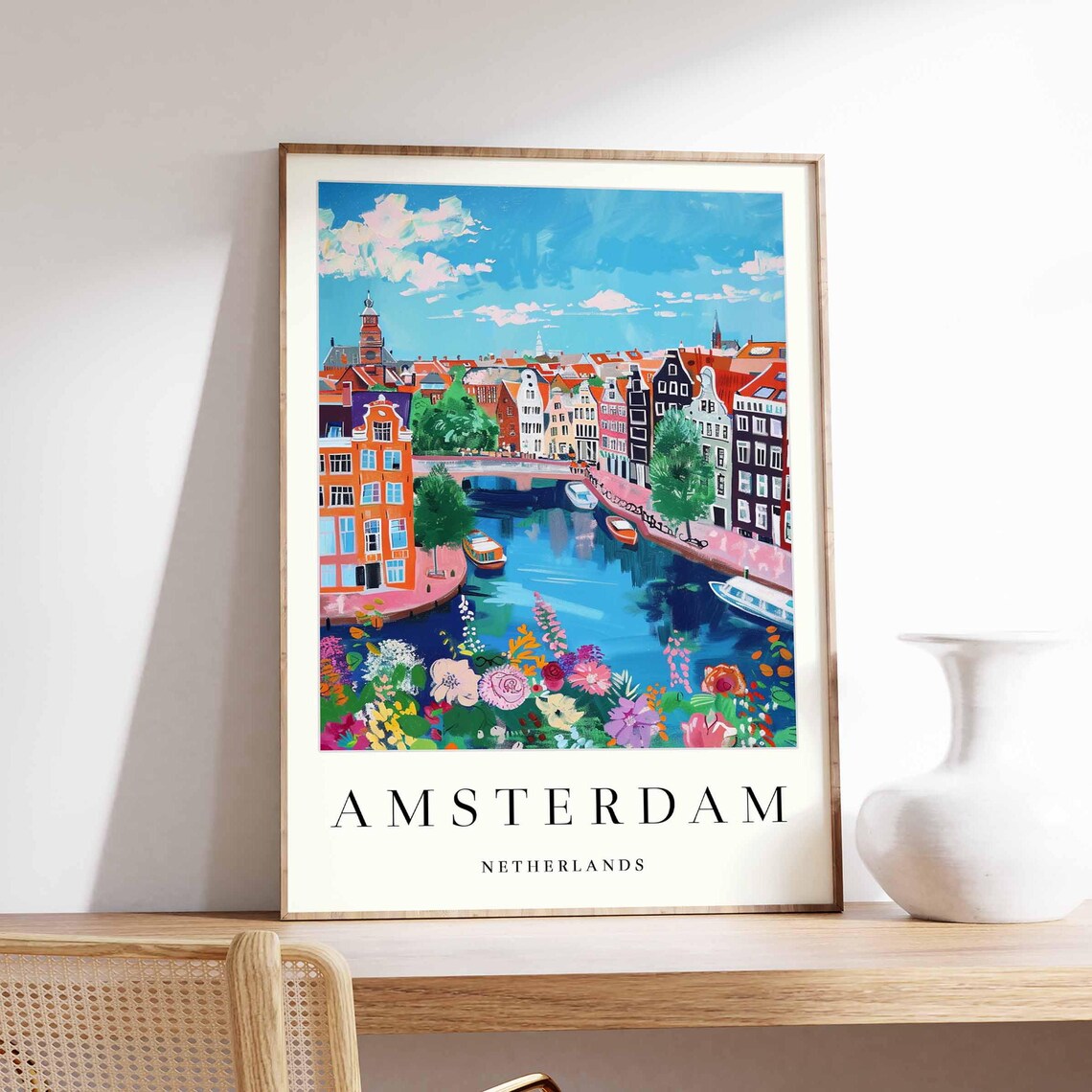 Amsterdam Canal Art Print, Dutch Bicycle Travel Poster