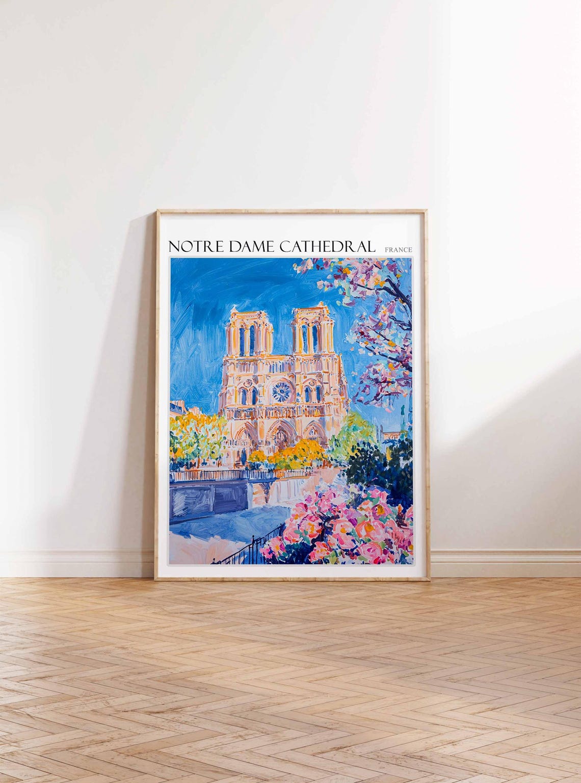 Notre Dame Cathedral Facade Pink Blossoms Spring Painting Poster - Image 2