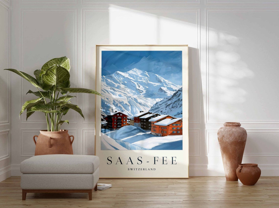 Saas Fee Switzerland Alpine Ski Village Peak Vintage Travel Poster - Image 3