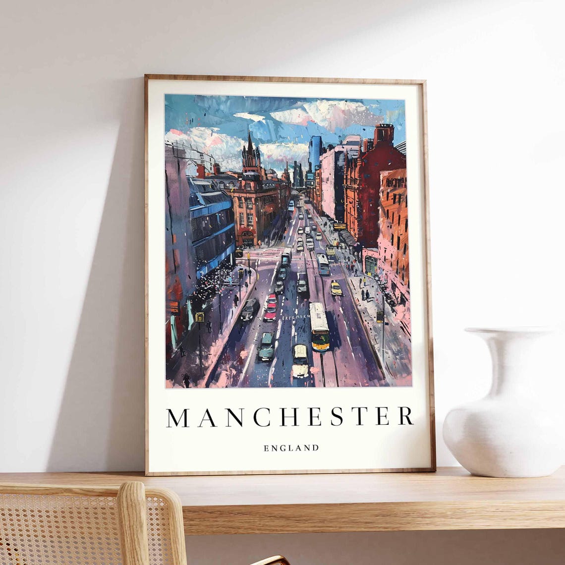 Manchester England Busy Street Buses Traffic Urban Scene Poster