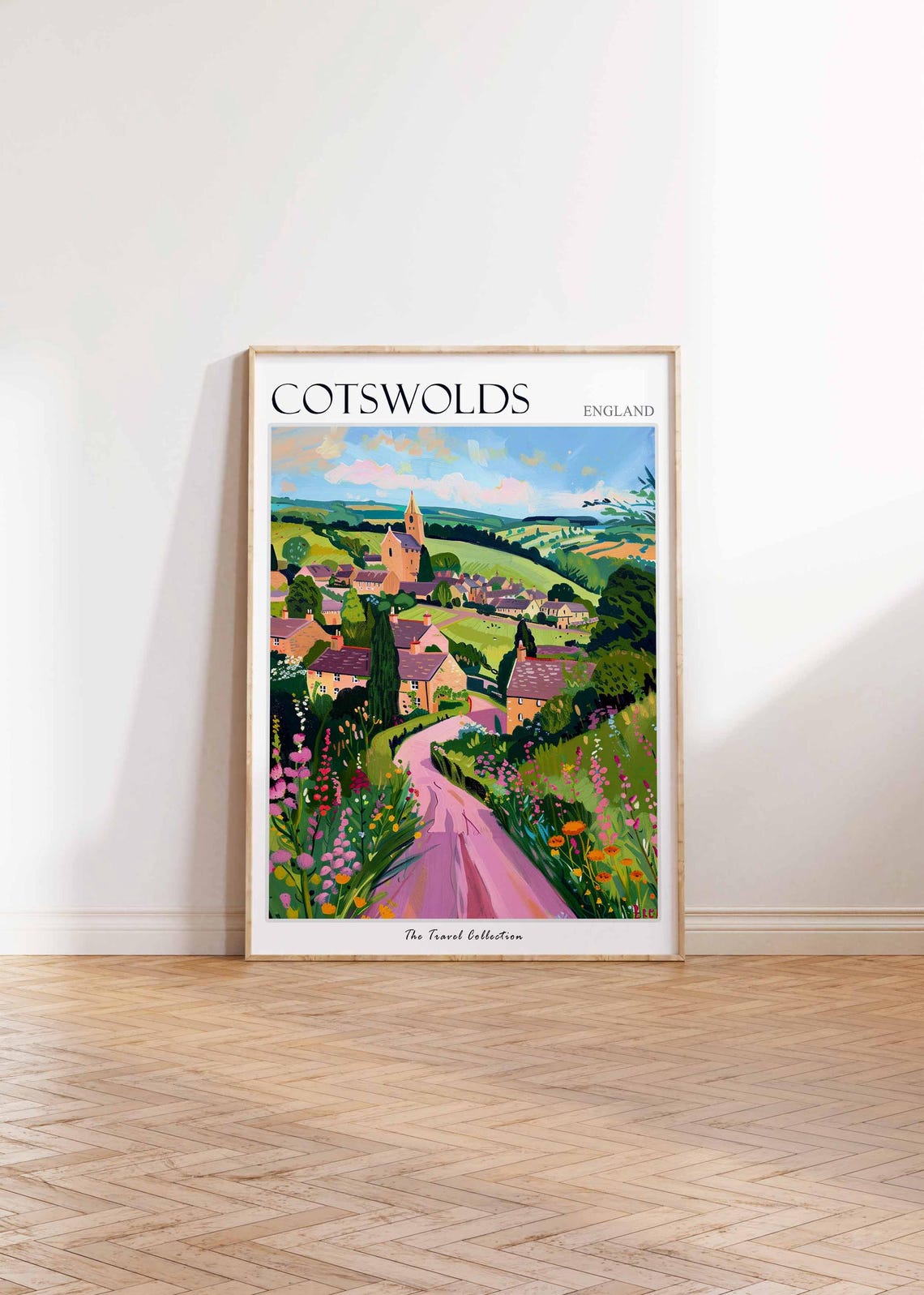 Cotswolds England Village Church Spire Pink Lane Blossoms Poster - Image 2