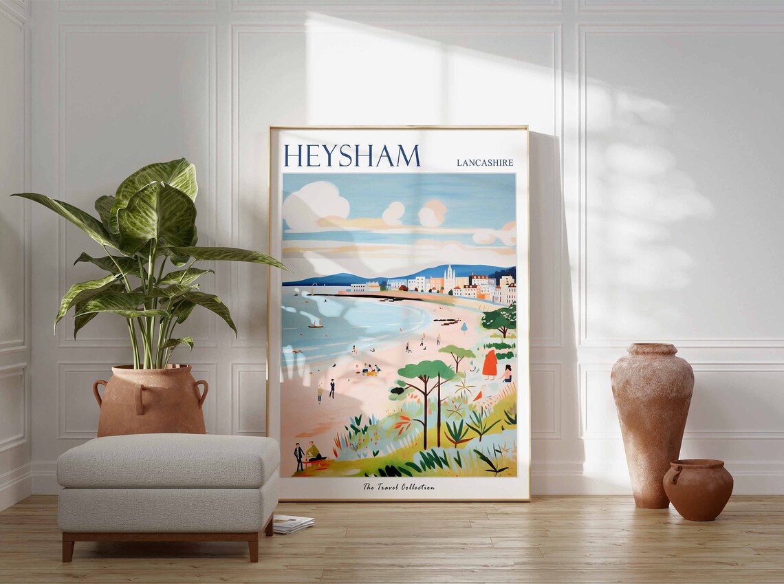 Heysham Lancashire Pastel Beach Seaside Town People Boats Wall Art - Image 2