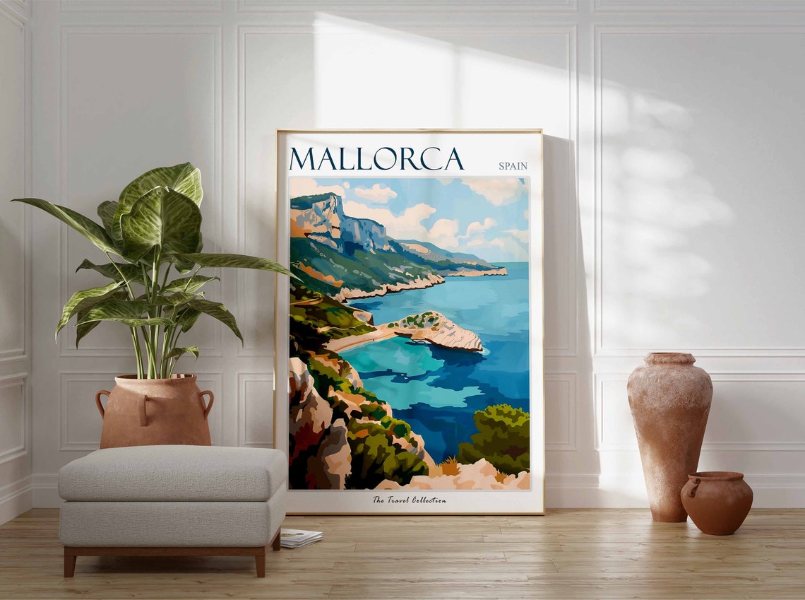 Mallorca Spain Turquoise Cove Rocky Coastline Colorful Art Poster - Image 3