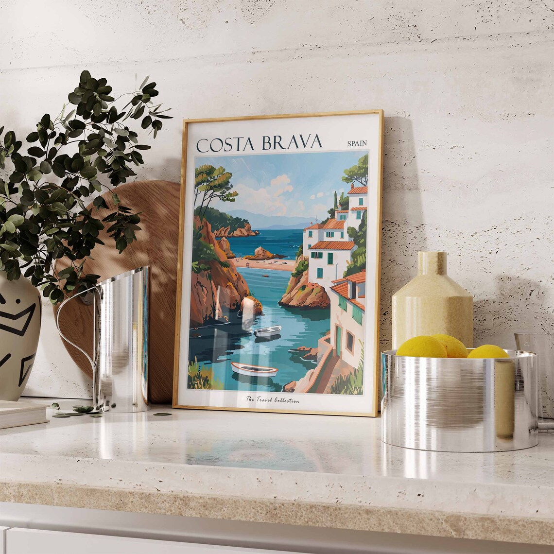 Costa Brava Spain Vintage Style Travel Poster Turquoise Cove Boats Art - Image 2