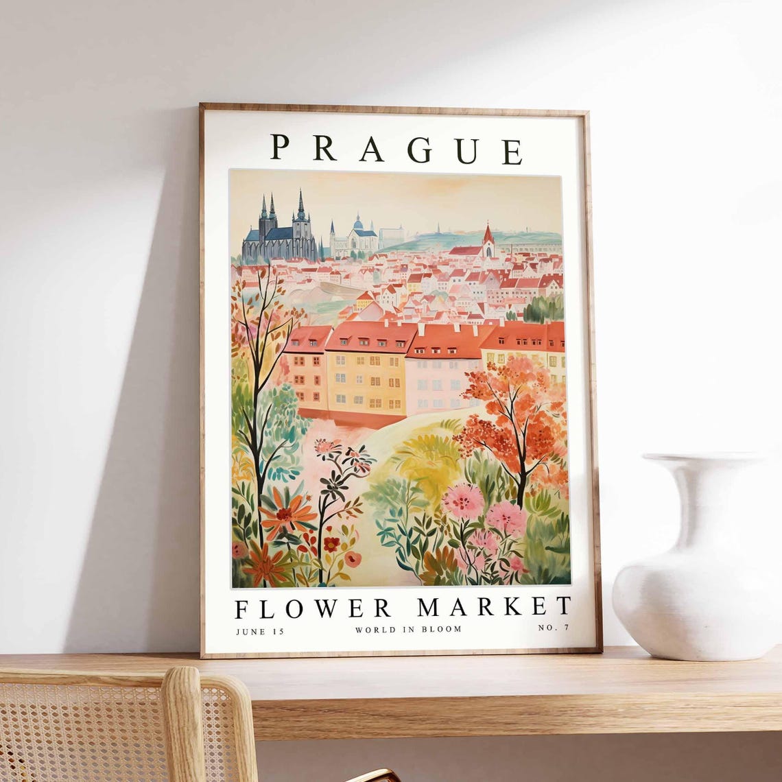 Prague Autumn Rooftops Cathedral Spires Pastel Sky Travel Poster