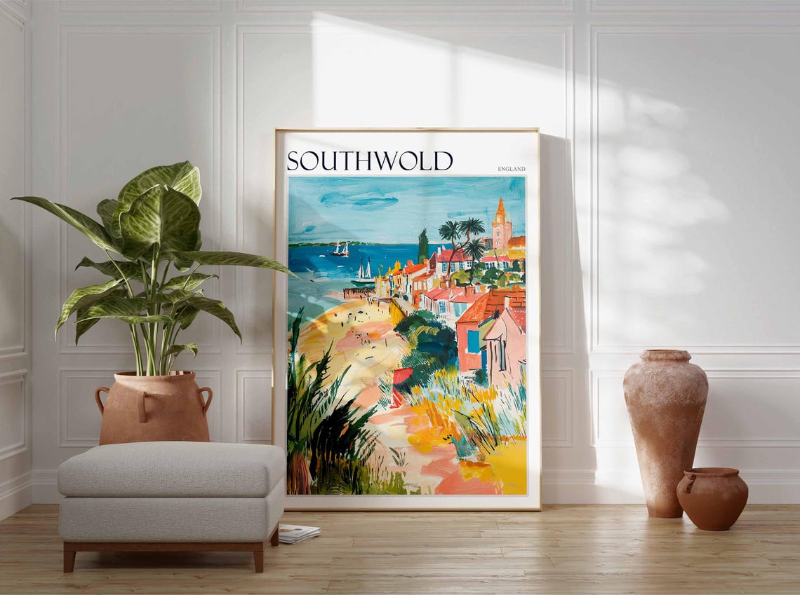 Southwold Beach Town Church Tower Palm Trees Poster England Art - Image 2