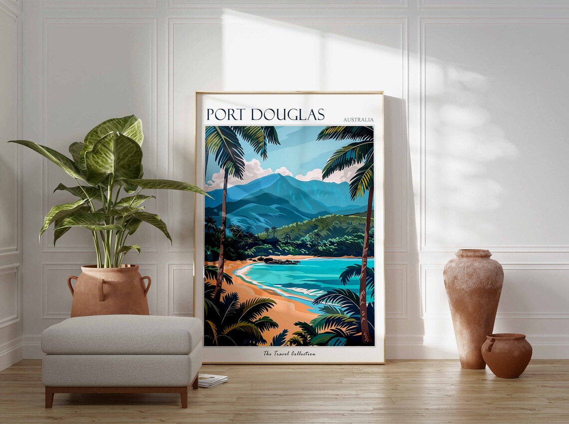 Port Douglas Australia Tropical Beach Palm Tree Scene Art Travel Poster - Image 3