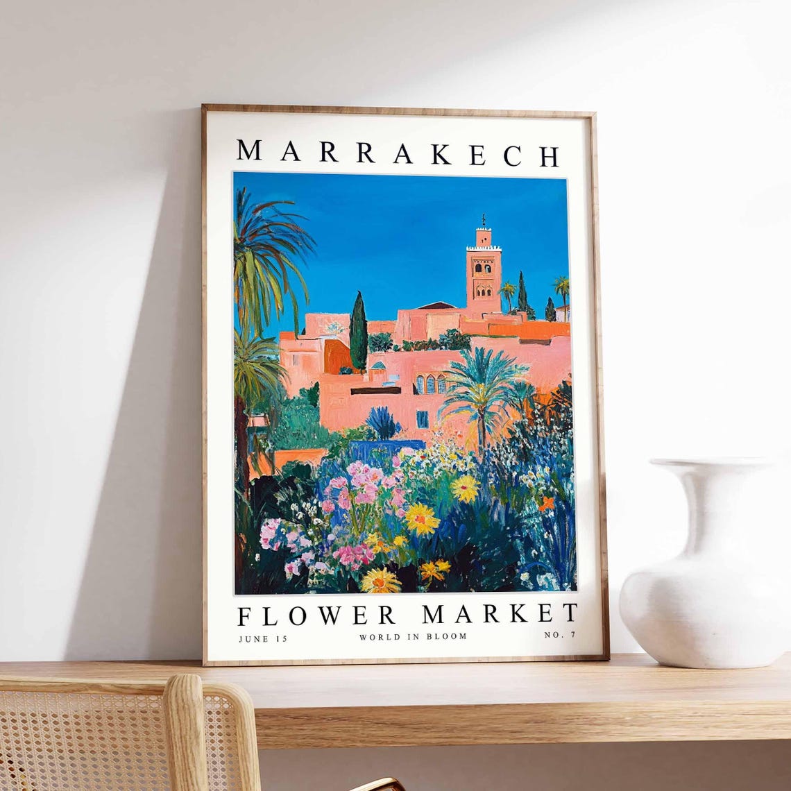 Marrakech Flower Market Graphic Minaret Pink Rooftop Scene Poster