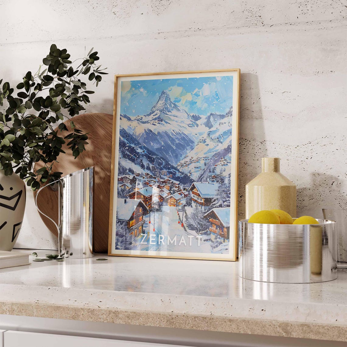 Zermatt Snowy Village Matterhorn Sunset Snowfall Evening Poster - Image 2
